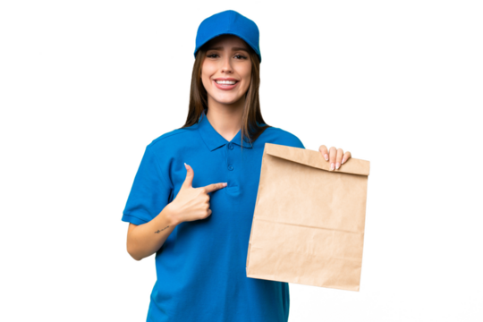 Young beautiful caucasian woman taking a bag of takeaway food over isolated background with surprise facial expression