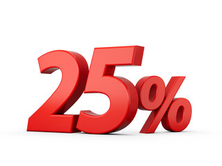 3d Red 25% Twenty Five Percent Sign on White Background 3d illustration
