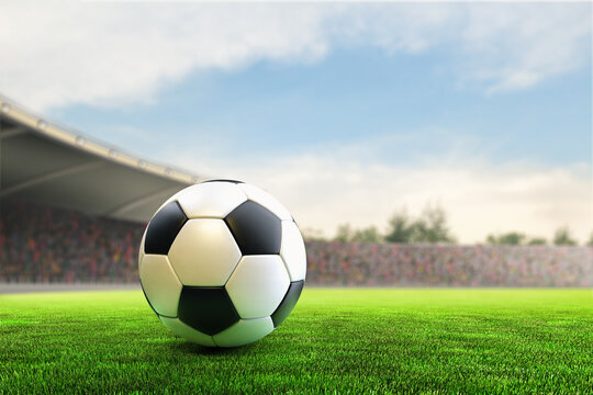 3D soccer ball on grass stadium