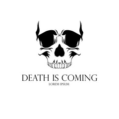 Death is coming logo illustration with creepy skull in black and white color for company, illustration, brand, t shirt, and more