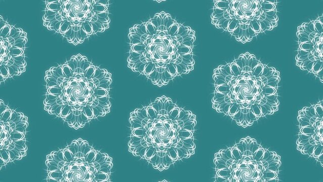Animation movement and rotation mandalas in shiny glowing grey color on blue background. High quality FullHD footage