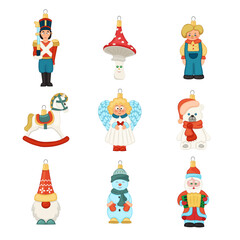 Collection of Christmas toys and decorations. Set of holiday decorations. Soldier, snowman, Santa, gnome, bear, angel, horse, mushroom. Vector isolated illustration on white background.