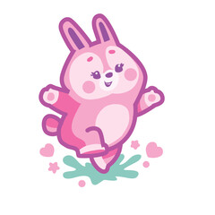 stylized pink hare jumping merrily, cartoon illustration, isolated object on white background, vector,