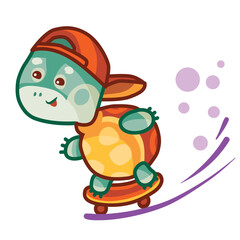 stylized turtle in a cap rides a skateboard, cartoon illustration, isolated object on a white background, vector,
