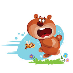 a big brown bear in fear runs away from a small bee in a clearing with flowers, cartoon illustration, isolated object on a white background, vector,