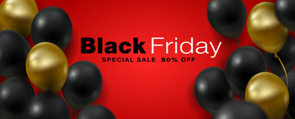 Black Friday 50% off horizontal banner with black and gold balloons on a red background.