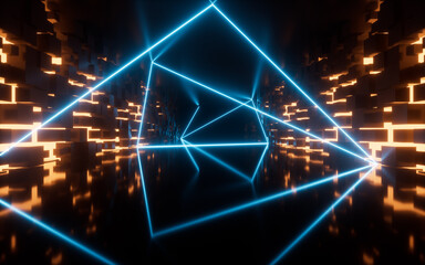 Glowing neon lines and tunnel, 3d rendering.