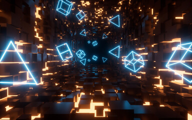 Obraz premium Glowing neon lines and tunnel, 3d rendering.