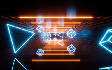 Glowing neon lines and tunnel, 3d rendering.