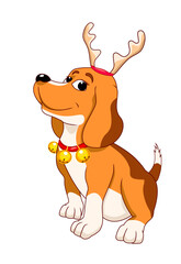 Obraz premium Dog with reindeer antlers and bells. Cartoon dog sits decorated with reindeer antlers and bells. The dog is like a reindeer. Dog with Christmas decorations on a white background