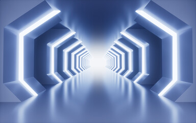 Blue geometric tunnel and neon lines, 3d rendering.