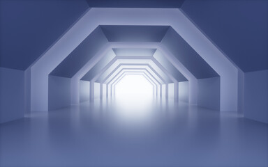 Blue geometric tunnel, 3d rendering.