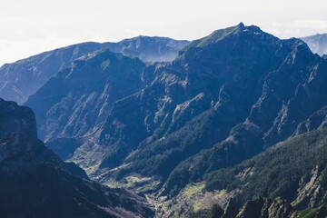 Aerial view of beautiful mountains and valleys of Madeira, Portugal