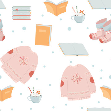 Vector seamless pattern of winter cozy elements:  books, socks, sweater.