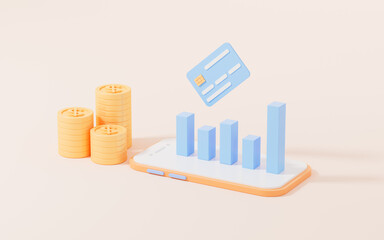 Bar chart and bank cards, online banking concept, 3d rendering.