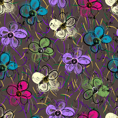 seamless floral background pattern, with flowers, lines, paint strokes and splashes