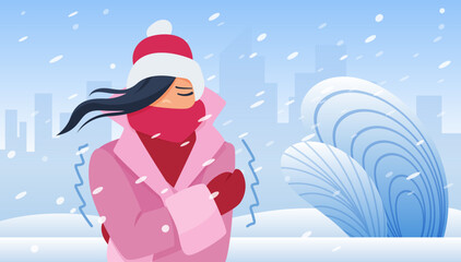 Girl walking in cold winter weather with wind and snow vector illustration. Cartoon young woman in scarf, red mittens and hat standing on snowy city street, hair of lady waving in wind background