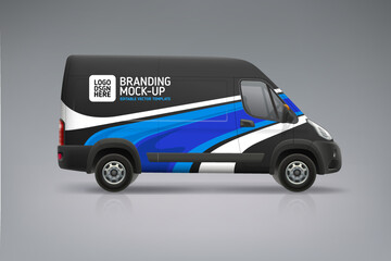 Company Van mockup with branding design. Abstract blue stripes graphics on corporate Car. Side view Delivery Van mock-up. Branding vehicle. Editable vector template © VRTX