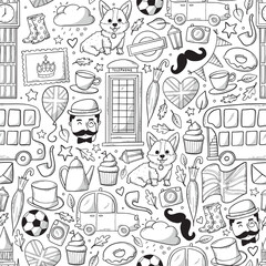 London and Great Britain monochrome seamless pattern with sketched doodles, clipart, cartoon elements. Good for coloring pages, wallpaper, nursery prints, stationary, scrapbooking, textile, packaging.