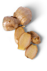 Raw Ginger isolated on white background. Clipping path. Close up.