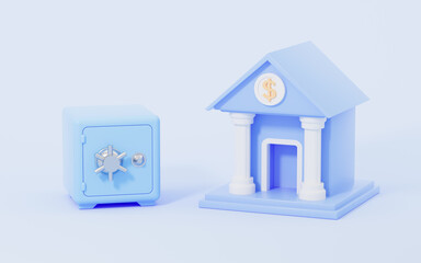 Safe box and bank with blue background, 3d rendering.