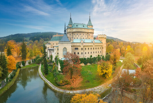 Bojnice Castle. Aerial view of neo-gothic romantic, fairytale castle in colorful autumn landscape.  UNESCO heritage landscape travel concept. Slovakia.