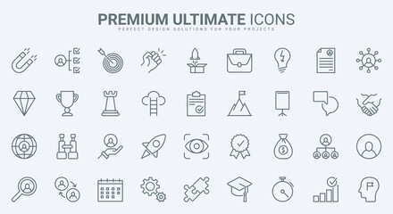 Business challenge and motivation for career growth thin line icons set vector illustration. Abstract outline professional ambitions and risks, success leadership and launch finance projects