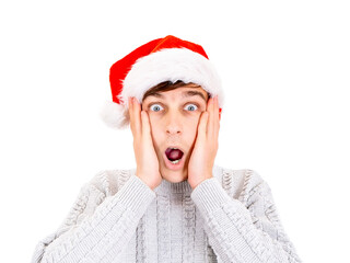 Surprised Young Man in Santa Hat