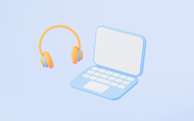 Cartoon style laptop and headphones, 3d rendering.