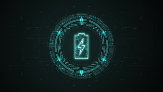 Motion graphic of Blue digital battery logo with rotation HUD circle technology interface and futuristic elements abstract background