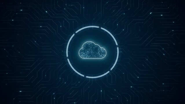 Motion graphic of Blue digital cloud computing logo and futuristic technology circle HUD with circuit board and data transfer on abstract background cloud storage concepts