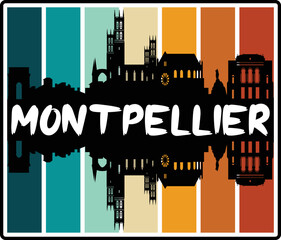 Montpellier France Skyline Sunset Travel Souvenir Sticker Logo Badge Stamp Emblem Coat of Arms Vector Illustration EPS - obrazy, fototapety, plakaty