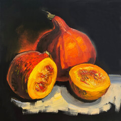 Pumpkins isolated on black background, oil pinting on canvas, original artwork