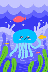 Cute jellyfish on coral reefs illustration for kids background. Tropical ocean landscape for nature wildlife design