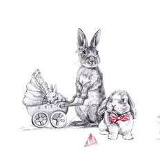 Mother rabbit with  stroller and children on  walk graphic isolated on  white background. Illustration with  simple pencil.
