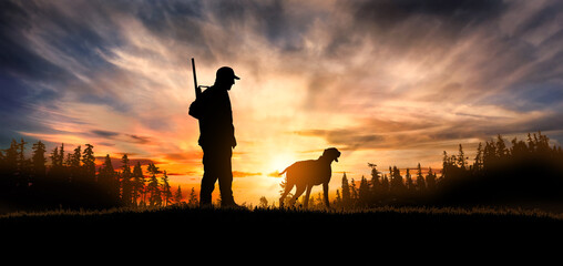 hunter with dog at sunset - obrazy, fototapety, plakaty