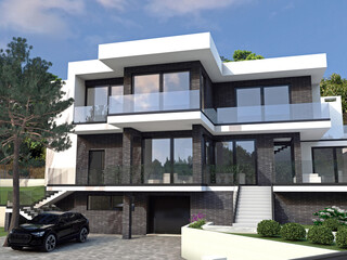 Fototapeta na wymiar Modern residential building, 3d graphics of an architectural project.