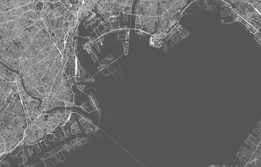 japan city map. vector illustration with black background, white outline, scene with japan city, town, road, street, map urban, location, landmark, transportation. design for print, poster, wallpaper.