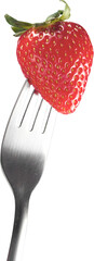 Red fresh strawberry and fork isolated on white background
