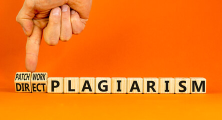 Direct or patchwork plagiarism symbol. Concept words Direct plagiarism Patchwork plagiarism on cubes. Businessman hand. Beautiful orange background. Direct or patchwork plagiarism concept. Copy space.