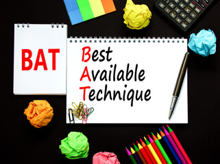 BAT best available technique symbol. Concept words BAT best available technique on white note on a...