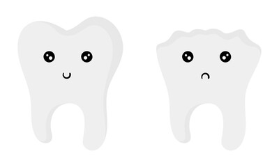 illustration of healthy teeth with smiling face and cavities with frowning face on white background
