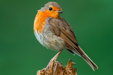 Selective focus shot of a bright orange brown European robin bird perched on wood