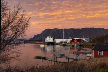 Sunset in Salhus marina and seahouse, Brønnøysund, Norway, Europe