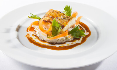 Grilled salmon steak with vegetables