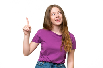 Young pretty woman over isolated background pointing up and surprised