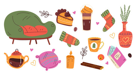 Home cozy doodle pillow book candle cartoon comfort cute abstract concept set. Vector graphic design illustration element