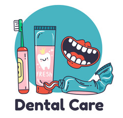 Toothpaste toothbrush dental mouthwash dental health abstract concept set. Vector graphic design illustration element
