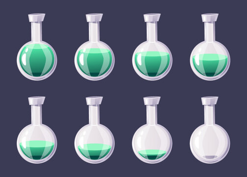 Potion elixir bottle flask poison full and empty loaded stage steps geme ui concept set. Vector graphic design illustration element