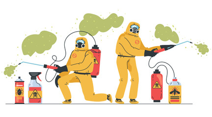 Disinfector workers making disinfection protection work. Pest control concept. Vector graphic design illustration element
 - obrazy, fototapety, plakaty